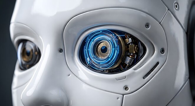 Close-Up of Robotic Cyborg Eye with Futuristic Glowing Blue HUD Display and Camera Aperture Lens, Artificial Intelligence and Computer Vision Concept