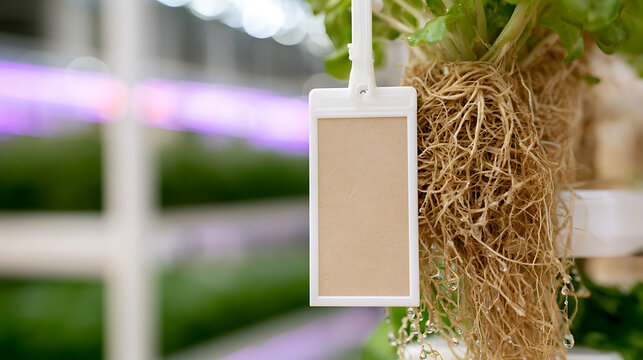 Modern vertical farm system showcasing hydroponic green plants with visible root systems and a blank label tag for text space integration
