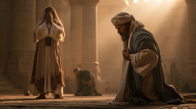 Pharisee and tax collector praying in the Jerusalem temple, contrasting self-righteousness with humility and repentance.