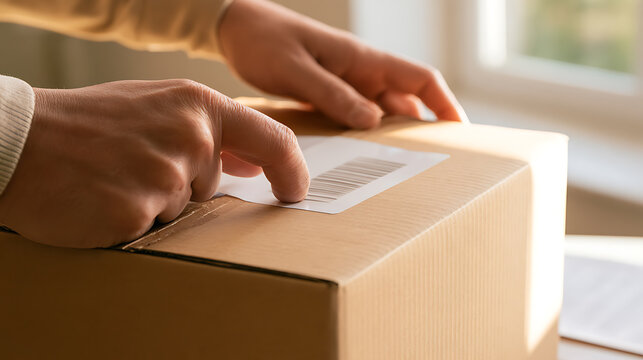 Close-up view of hands place barcode label on cardboard box parcel, prepare package for mail delivery service in bright office interior