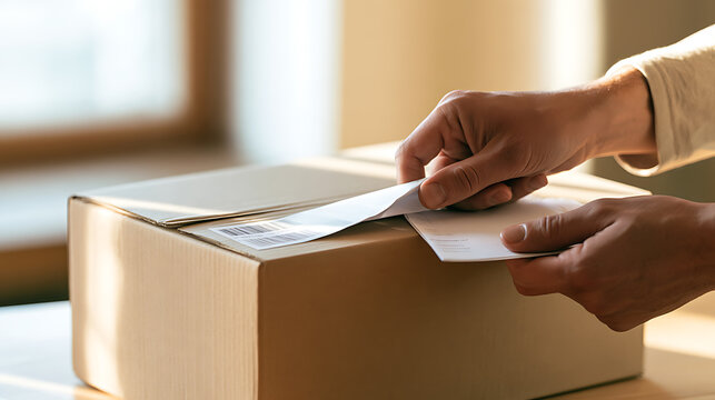 Close-up view of hands place a delivery label and document envelope onto a brown cardboard box package ready for shipment in an office