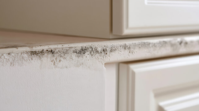Mold growth on kitchen counter edge, humidity damage and fungus spore hazard on white furniture surface, interior house maintenance issue