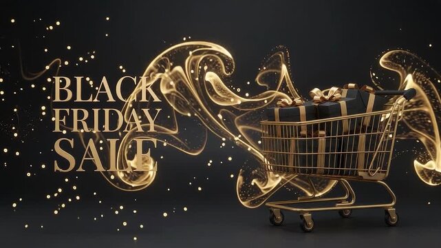 Gold Shopping Cart with Black Friday Sale Text and Light Trails