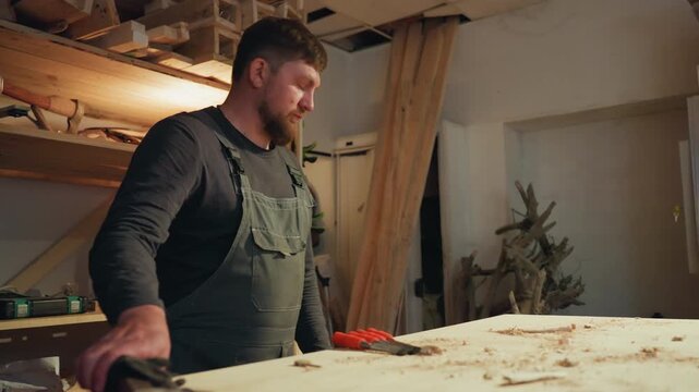 Woodworker cleans up his workshop after working on joinery. Man uses brush to sweep sawdust from workbench surrounded by tools like chisels and clamps in organized woodworking space