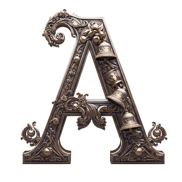 An ornate antique bronze letter A with vintage flourishes and bells. A detailed metallic monogram design on a white background.