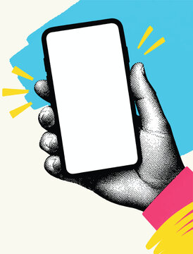 Retro Halftone Hand Holding Blank Smartphone Vector Illustration