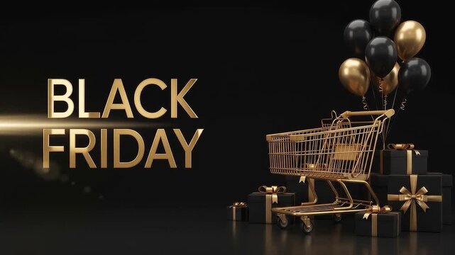 Sleek Gold Black Friday Text with Shopping Cart and Flare