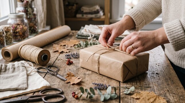 Hands wrapping a gift in kraft paper with twine on rustic wooden table