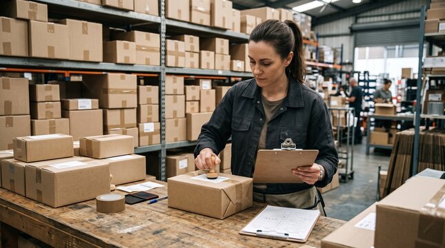 Courier worker stamping parcel labels in a busy warehouse dispatch center