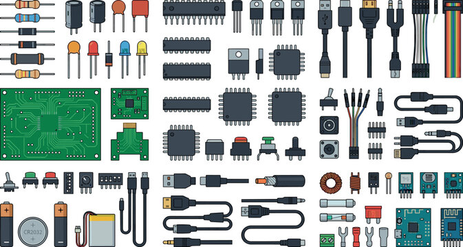 Electronic components and circuit board vector element collection featuring microchips resistors capacitors cables batteries and hardware hardware hardware