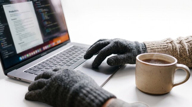 Gloved hands using laptop trackpad beside coffee cup in a cozy winter workspace