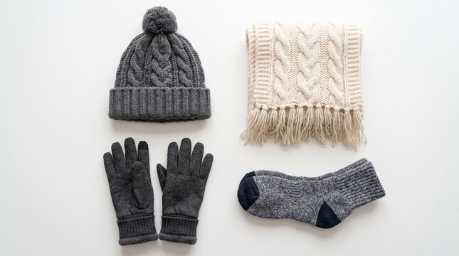 Winter accessories arranged on a clean white background with hat gloves socks and scarf