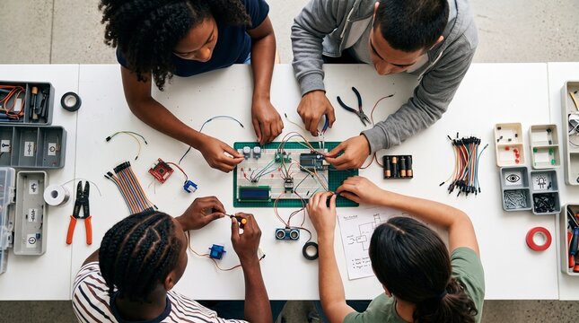 Diverse students building electronics project at collaborative maker space workshop