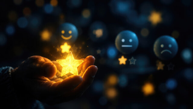 Hands holding a glowing star with floating emoji faces representing customer satisfaction and ratings