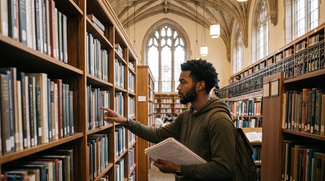 Black college student scanning books in a quiet university library aisle