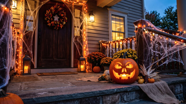 Glowing carved jack-o-lantern sits on a decorated porch with spider webs and string lights
