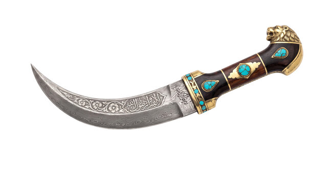 Ornate ceremonial jambiya dagger with turquoise stones, antique curved khanjar knife with lion head pommel, traditional middle eastern steel blade isolated PNG with Transparent Background