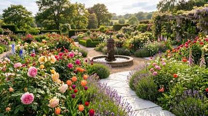 Obraz premium Beautiful English country garden filled with blooming roses and lavender surrounding a stone water fountain