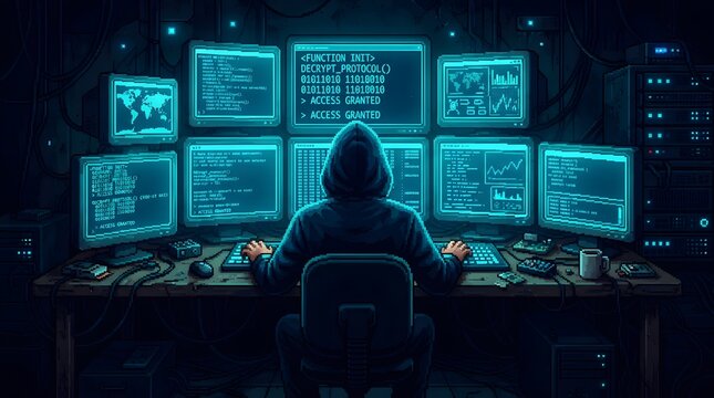 Cybersecurity Analyst Working at a Multi-Monitor Computer Command Center