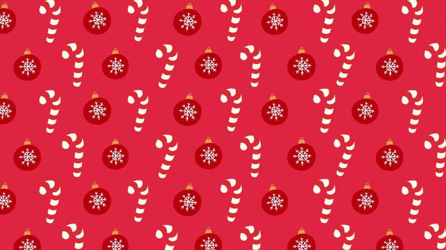 Seamless Christmas pattern with candy canes and red ornaments