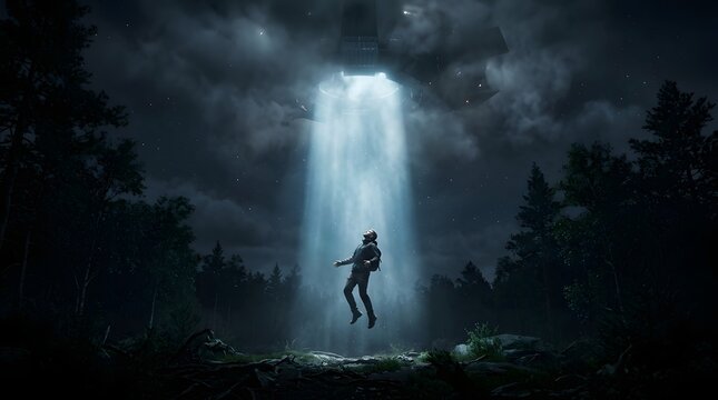 Lone man slowly levitating toward a massive UFO light beam in a dark forest clearing at night. Science fiction alien abduction concept.
