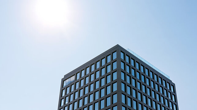 Modern glass architecture office building exterior facade with clean geometric windows under bright blue sky sun glare corporate design backdrop