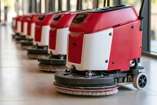 Red and white floor scrubber machines arranged in a row on a polished indoor floor, with brushes, wheels, and reflective windows visible, commercial cleaning equipment