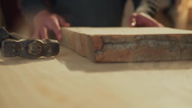 Perspective shows detailed interaction between human hands working on wooden materials in workshop setting. hammer rests prominently while tools and wood pieces are handled emphasizing