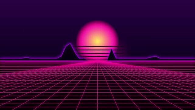 Retrowave 1980s synthwave landscape with glowing neon grid mountains and giant setting sun