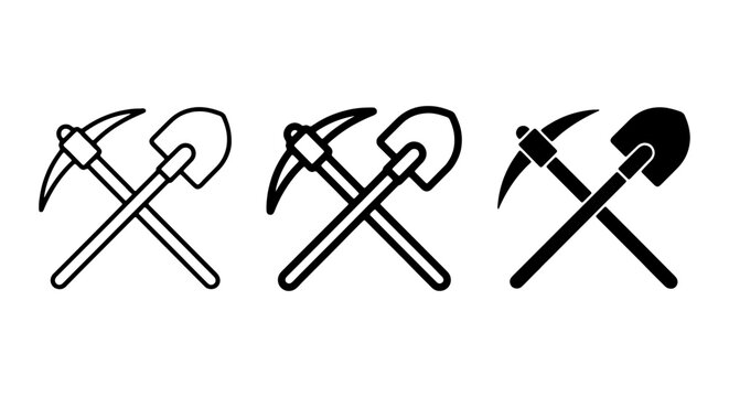 Crossed pickaxe and shovel icons in three distinct styles are presented on a neutral background.