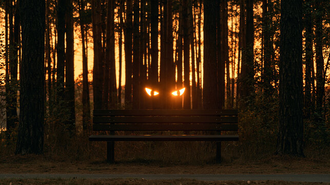 Spooky forest sunset featuring glowing evil jack-o-lantern eyes beside a wooden bench, eerie Halloween night concept, with copy space
