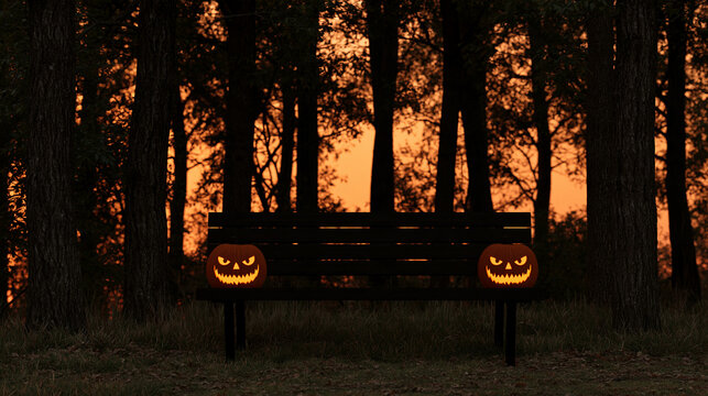 Spooky forest sunset featuring glowing evil jack-o-lantern eyes beside a wooden bench, eerie Halloween night concept, with copy space