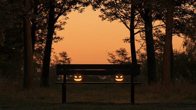Spooky forest sunset featuring glowing evil jack-o-lantern eyes beside a wooden bench, eerie Halloween night concept, with copy space