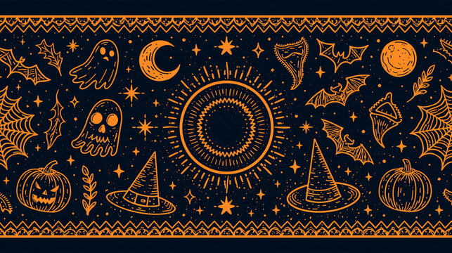Spooky panoramic line art frame featuring classic Halloween decorative elements, holiday design concept, with copy space