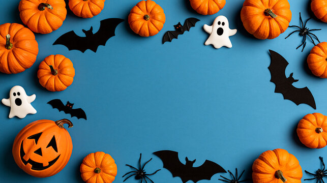 Flat lay Halloween frame featuring pumpkins, bats, ghosts, and spiders arranged on a blue background, festive holiday card concept, with copy space