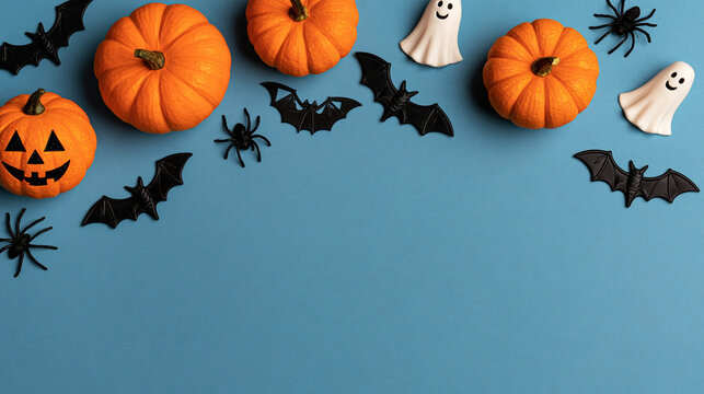 Flat lay Halloween frame featuring pumpkins, bats, ghosts, and spiders arranged on a blue background, festive holiday card concept, with copy space