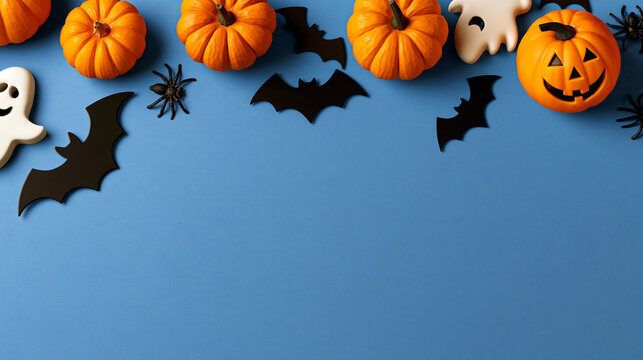 Flat lay Halloween frame featuring pumpkins, bats, ghosts, and spiders arranged on a blue background, festive holiday card concept, with copy space