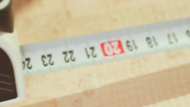 Close up view of hand holding and operating measuring tape on wood emphasizing precision in woodworking. interaction between tool and material is clear with visible measurement markings
