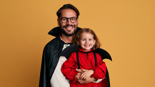 Playful Halloween costume family portrait featuring a father in a vampire costume holding his daughter dressed as a little bat, joyful holiday concept, with copy space
