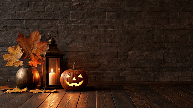 Halloween-themed interior wall background with open floor space for text, moody seasonal design concept, with copy space