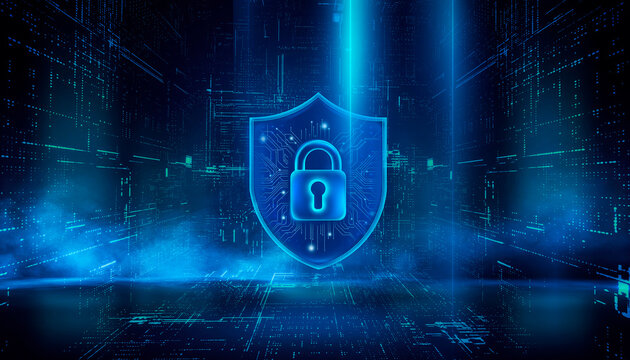 Cyber security concept with a glowing neon shield and padlock in a digital data corridor