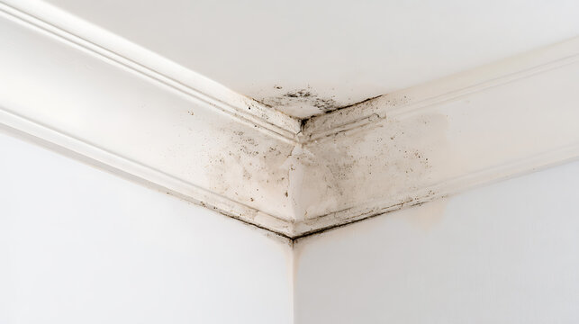Black mold growth on an interior white wall corner and ceiling molding indicating dampness, humidity issues, and property damage in home