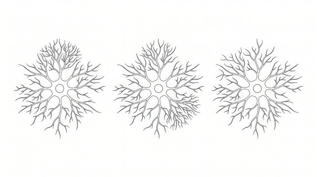 Three black and white vector outline illustrations showing branching patterns resembling snowflakes or cells