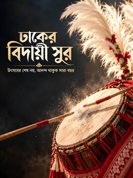 Dhaker bidayi sur Bijoya Dashami farewell banner with traditional dhak drum and kash grass