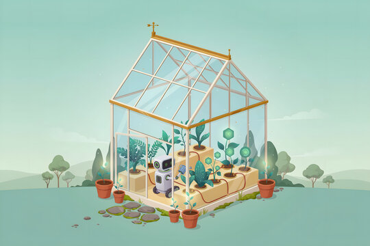 Isometric of a small robot tending to plants in a glass greenhouse with hydroponic systems on a light green outdoor background