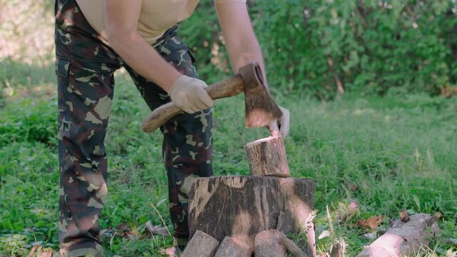 Person splitting a log with an axe on a tree stump in a sunlit grassy woodland clearing, outdoor firewood preparation and manual chopping activity
