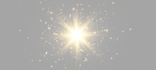 Fototapeta premium Golden light burst with glowing sparkles and radiating rays. Bright starburst flare and glitter effect on neutral png background. Celebration and holiday design element.
