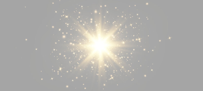 Golden light burst with glowing sparkles and radiating rays. Bright starburst flare and glitter effect on neutral png background. Celebration and holiday design element.