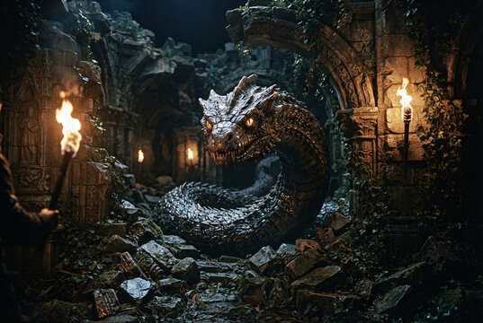 Giant basilisk serpent monster inside ancient stone temple ruins