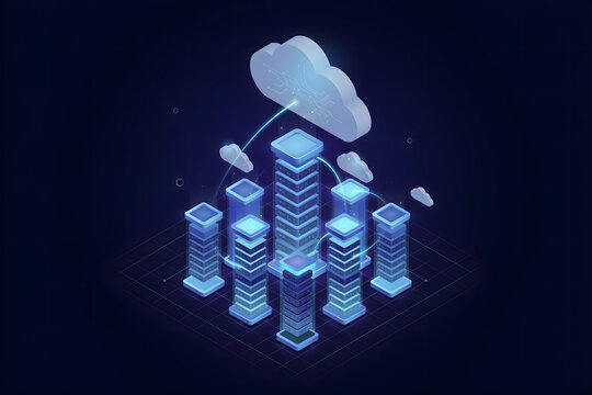 Isometric view of a cloud computing network with glowing blue server towers connected to a central cloud on a dark blue background